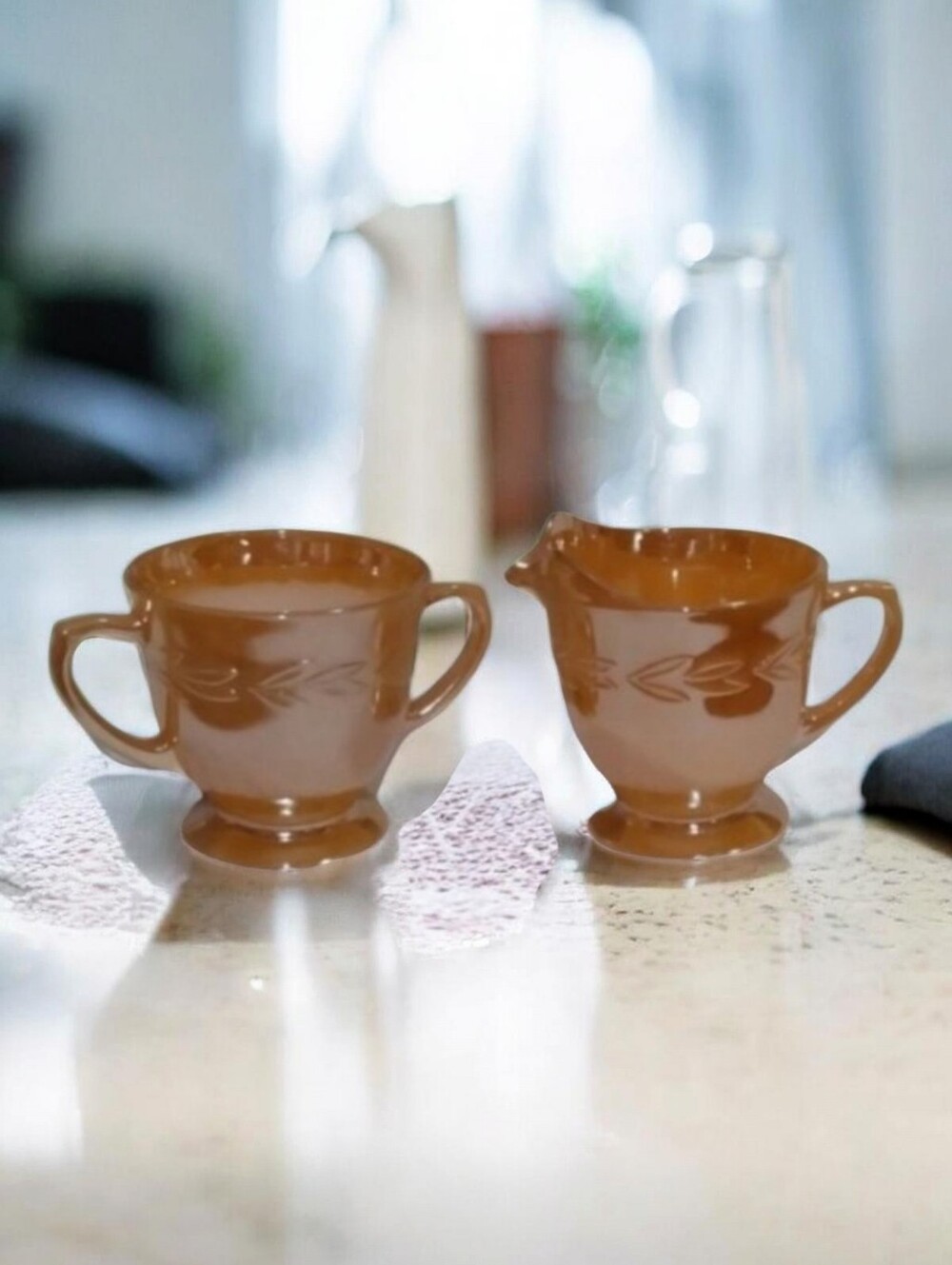 FIRE KING Peach Lustre Cream Vintage Sugar and Creamer